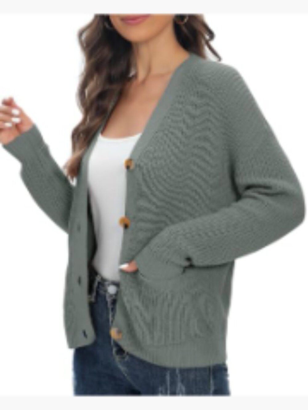 Lightweight Knit Open Front V-Neck Long Sleeve Button Down Cardigan with Pockets - Picture 4 of 6